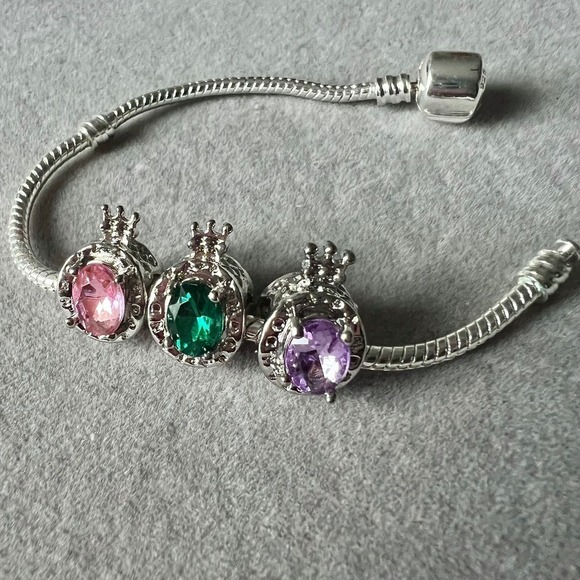 Silver Crown Charm Bracelet Princess Gemstone Pink Green Purple - Picture 10 of 12